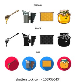 A frame with honeycombs, a ladle of honey, a fumigator from bees, a jar of honey.Apiary set collection icons in cartoon,black,flat style vector symbol stock illustration web.