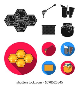 A frame with honeycombs, a ladle of honey, a fumigator from bees, a jar of honey.Apiary set collection icons in black, flat style vector symbol stock illustration web.