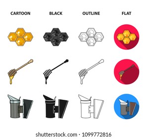 A frame with honeycombs, a ladle of honey, a fumigator from bees, a jar of honey.Apiary set collection icons in cartoon,black,outline,flat style vector symbol stock illustration web.
