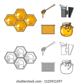 A frame with honeycombs, a ladle of honey, a fumigator from bees, a jar of honey.Apiary set collection icons in cartoon,outline style vector symbol stock illustration web.