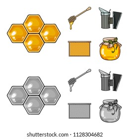A frame with honeycombs, a ladle of honey, a fumigator from bees, a jar of honey.Apiary set collection icons in cartoon,monochrome style vector symbol stock illustration web.