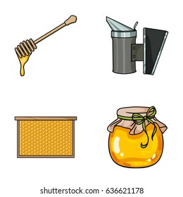 A frame with honeycombs, a ladle of honey, a fumigator from bees, a jar of honey.Apiary set collection icons in cartoon style vector symbol stock illustration web.