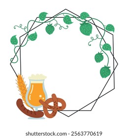 Frame with hops and a glass of beer. Vector illustration of snacks for Beer in a frame with an empty space for inscriptions. Ideal for menu, advertising design