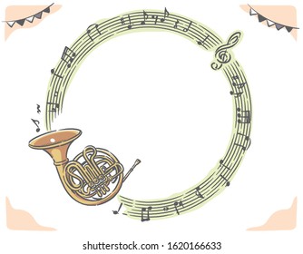 Frame with horn and abstract music notes. Vector illustration.