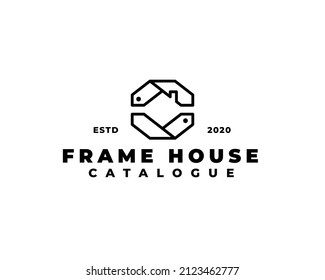 Frame house catalogue logo design. Outline house real estate and properties company logo