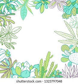Frame with houseplants, cactuses and succulents. Color vector hand drawn outline sketch illustration isolated on white background
