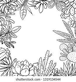 Frame with houseplants, cactuses and succulents. Vector hand drawn outline sketch illustration isolated on white background