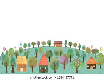 Frame of houses and trees, watercolor texture