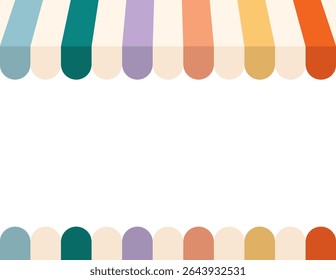 Frame for Ice Cream Day, horizontal banner in retro groovy style with stripes rainbow white background. Hand drawn striped kiosk awning. Amusement park, circus. Isolated on transparent. Vector EPS10