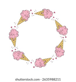 Frame, ice cream. Food, dessert. Waffle cone. Hand drawn line icon, drawing, doodle. Background with space for text, white isolated.