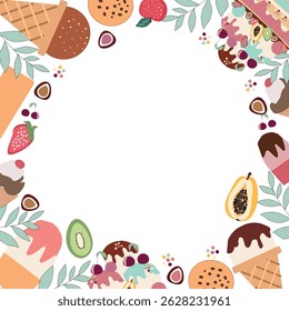  Frame with ice cream ,summer fruit,and chocolate sweets,cookies, on on a transparent background
