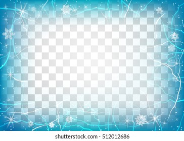 Frame of ice on transparent background. Winter blue frame. Christmas background. Vector illustration.