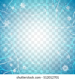 Frame of ice on transparent background. Winter blue frame. Christmas background. Vector illustration.