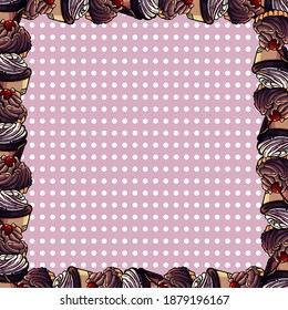 Frame of ice-cream, violet, peas, square, cartoon style, banner, poster, invitation, postcard, card, party, empty space, text space, advertising, signboard, greetings, dessert, invite, for text, cute