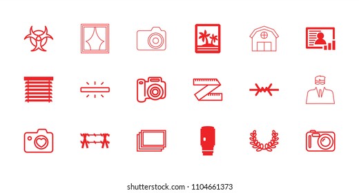Frame icon. collection of 18 frame filled and outline icons such as camera lense, photo, window shutter, wire fence, photos, camera. editable frame icons for web and mobile.
