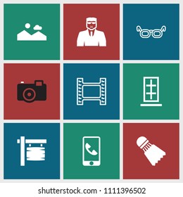 Frame icon. collection of 9 frame filled and outline icons such as security guy, shuttlecock, glasses, movie tape, door, phone. editable frame icons for web and mobile.