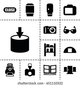Frame icon. set of 13 filled frameicons such as cargo barn, camera, camera printing photo, photo album, close, sunglasses, door