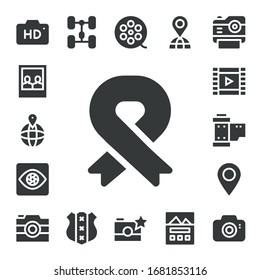 Bildsymbolsatz. 17 gefüllte Bildsymbole.  Einfache, moderne Symbole wie: Kamera, Bild, Platzhalter, Band, Aufnahme, Rolle, Rollen, Gehäuse, Schild, Fotokamera, Landing-Page