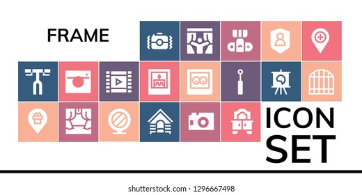  frame icon set. 19 filled frame icons. Simple modern icons about  - Camera, Handlebar, Placeholder, Scene, Mirror, Dog, Photo camera, Film roll, Picture, Canvas, Gate, Curtains