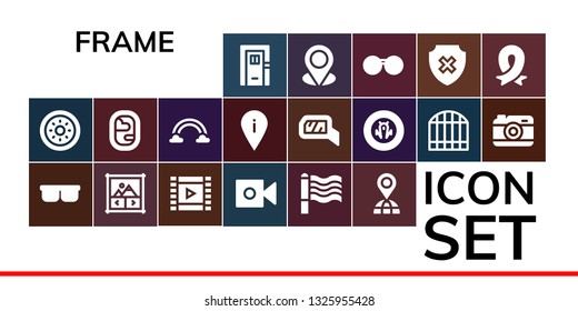 frame icon set. 19 filled frame icons.  Collection Of - Door, Shield, Sunglasses, Image gallery, Film roll, Camera, Rainbow, Placeholder, Window, Mirror, Gate, Ribbon