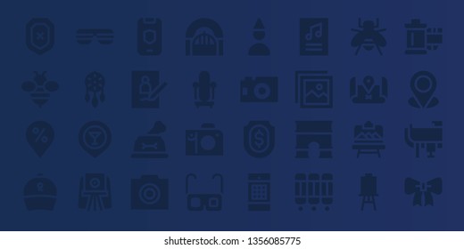 frame icon set. 32 filled frame icons. on blue background style Collection Of - Shield, Bee, Placeholder, Ribbon, Sunglasses, Ornament, Camera, Picture, Dog, Photo, Door, Mirror