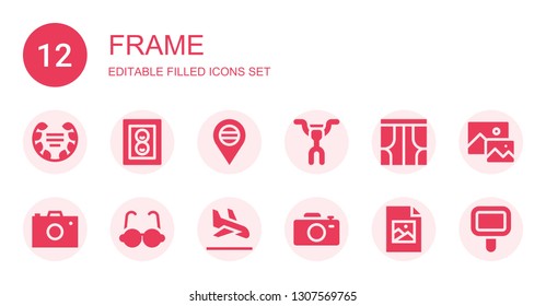 frame icon set. Collection of 12 filled frame icons included Laurel, Photo, Placeholder, Handlebar, Curtains, Photo camera, Glasses, Landing page, Camera, Jpeg, Image, Mirror