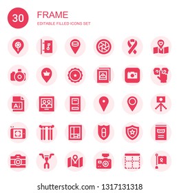 frame icon set. Collection of 30 filled frame icons included Placeholder, Signboard, Diaphragm, Ribbon, Photo camera, Photo, Camera, Illustration, Picture, Door, Curtains, Mondrian
