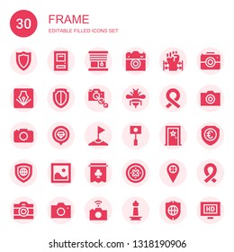 frame icon set. Collection of 30 filled frame icons included Shield, Door, Blinds, Camera, Barbed wire, Illustrator draw, Camera lens, Bee, Ribbon, Placeholder, Corner, Photo