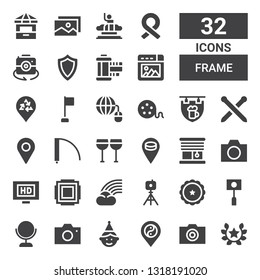 frame icon set. Collection of 32 filled frame icons included Laurel, Camera, Placeholder, Birthday boy, Mirror, Ribbon, Tripod, Rainbow, Focus, Hd, Blinds, Glasses, Door, Knitting neddles