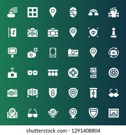 frame icon set. Collection of 36 filled frame icons included Image, Shield, Placeholder, Mirror, Glasses, Banner, Door, Camera, Shutter, Landing page, Film reel, Eye glasses, Photo camera