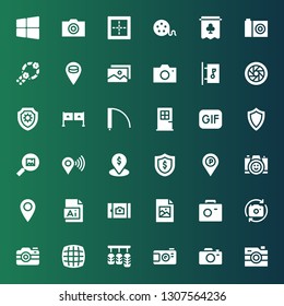 frame icon set. Collection of 36 filled frame icons included Camera, Pedals, Grid, Photo camera, Jpeg, Picture, Illustration, Placeholder, Shield, Gif, Door, Entrance, Shutter