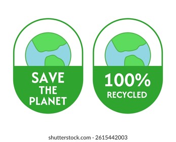 Frame icon set eco with frame save the planet with planet icon and 100 percent recycled with planet icon on white background vector