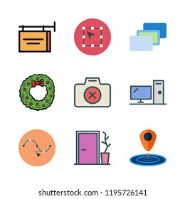 frame icon set. vector set about christmas wreath, desktop, depth perception and advertisement icons set.