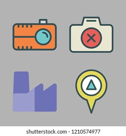 frame icon set. vector set about factory, placeholder and photo camera icons set.