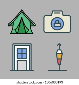 frame icon set. vector set about photo camera, tent, wind sign and door icons set.