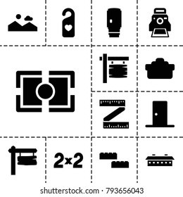 Frame icons. set of 13 editable filled frame icons such as building block, direction board, heart tag, camera lense, camera printing photo, camera focus, door, barn, picture