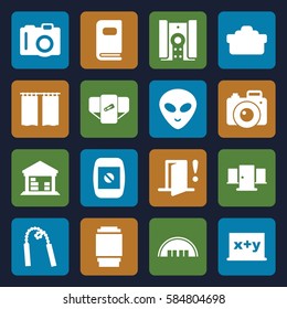 frame icons set. Set of 16 frame filled icons such as camera, barn, diaper, alien head, cargo barn, camera display, camera lense, photo album, curtain, door warning