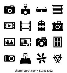 Frame Icons Set. Set Of 16 Frame Filled Icons Such As Shutter Blinds, Window, Security Guy, Camera, Photo, Window Shutter, Sunglasses, Hazzard, Wire Fence, Movie Tape