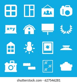 Frame icons set. set of 16 frame filled icons such as window, barn, board, photo, camera lense, camera bulb, wire fence, olive wreath, building block, blackboard x+y