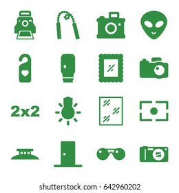 Frame icons set. set of 16 frame filled icons such as window, alien head, heart tag, camera, camera printing photo, photo, door, sunglasses, chain weapon, wire fence