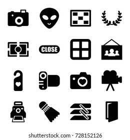 Frame icons set. set of 16 frame filled icons such as window, door, alien head, heart with camera, heart tag, camera, blinds, photo, close, shuttlecock
