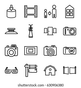 Frame icons set. set of 16 frame outline icons such as barn, window, son and father, direction board, camera, photo, gate, sunglasses, wire fence, shuttlecock, door, entrance