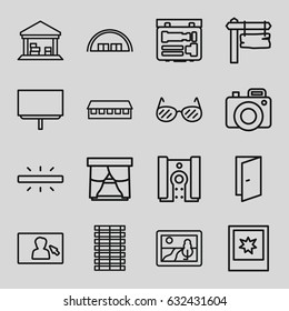 Frame icons set. set of 16 frame outline icons such as barn, door, board, direction board, cargo barn, photo, camera, camera display, sunglasses, jalousie, picture