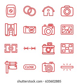 Frame icons set. set of 16 frame outline icons such as barn, direction board, camera, camera display, photo, close, wire fence