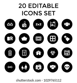 Frame icons. set of 20 editable filled frame icons such as window, barn, diaper, blackboard, alien head, camera lense, camera. best quality frame elements in trendy style.