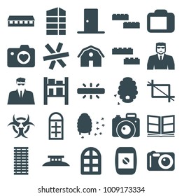 Frame icons. set of 25 editable filled frame icons such as window, barn, security guy, building block, honeycomb, cargo barn, heart with camera, camera display, photo album