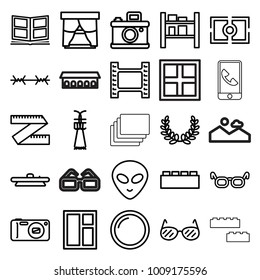 Frame icons. set of 25 editable outline frame icons such as window, glasses, alien head, movie tape, building block, camera, measure ruler, cargo barn, camera lense