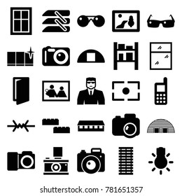 Frame icons. set of 25 editable filled frame icons such as window, barn, door, security guy, clean window, phone, picture, building block, family photo, cargo barn, blinds