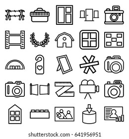Frame icons set. set of 25 frame outline icons such as camera, window, barn, heart tag, camera lense, photo, gate, wire fence, olive wreath, door, entrance, family photo