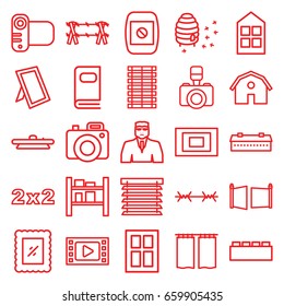 Frame Icons Set. Set Of 25 Frame Outline Icons Such As Barn, Window, Security Guy, Honeycomb, Cargo Barn, Camera, Camera Display, Camera Lense, Photo Album, Photo, Curtain